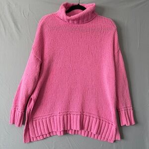 Aerie Womens Oversized Chenille Turtleneck Sweater S Hot Pink Slouchy Ribbed Hem